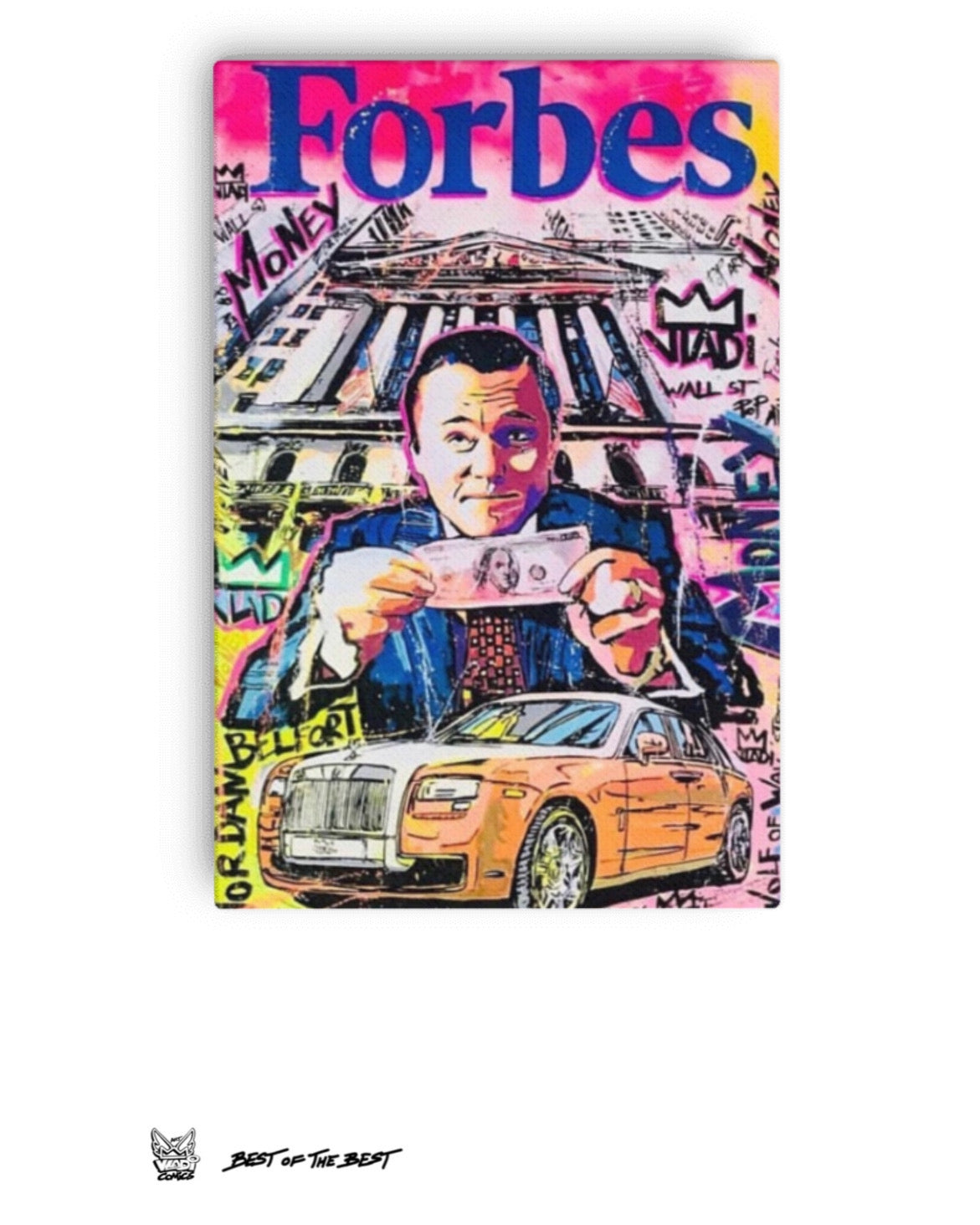 Pop art comic painting of Jordan Belfort from The Wolf of Wall Street by Art VLADI Sport.